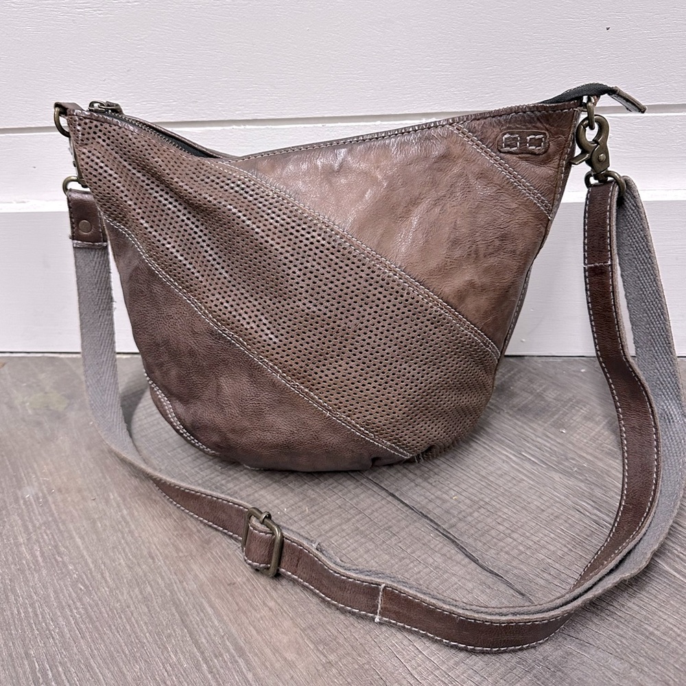 Bed Stu Brown Leather Adjustable Crossbody Bag, Perforated Patchwork, Retail 198